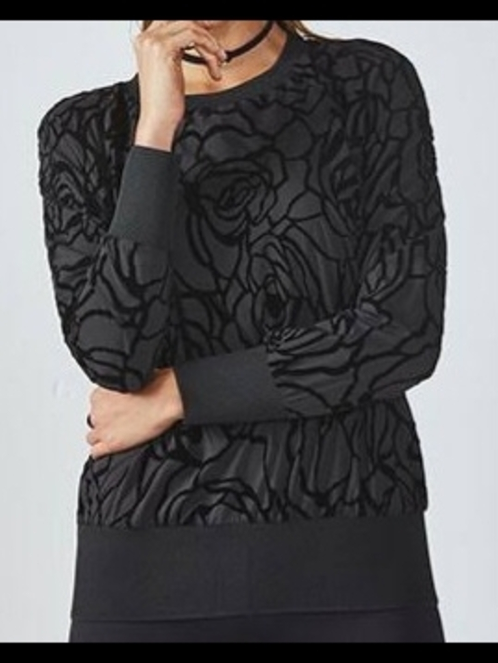 Fabletics Black Floral-Texture Long Sleeve Top